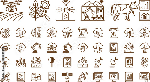 Smart agriculture technology line icon set with AI analytics drones irrigation sensors greenhouse automation and livestock monitoring