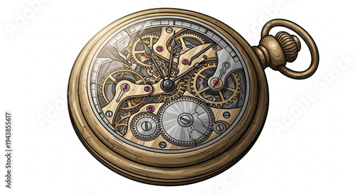 Open faced pocket watch with exposed mechanical gears and brass casing on white background