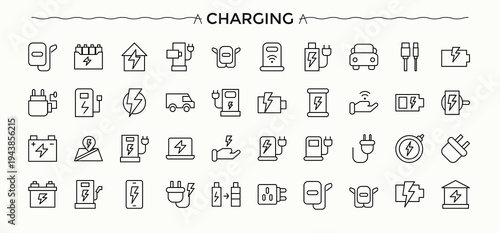 Charging modern icon set. Contains such symbols as power, station, electricity, battery and more. Electricity icon set. Perfect for logos and infographic. Editable stroke vector art.