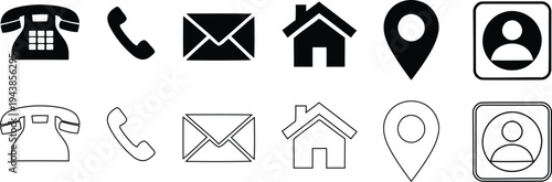 A set of black and white silhouette icons for communication and navigation
