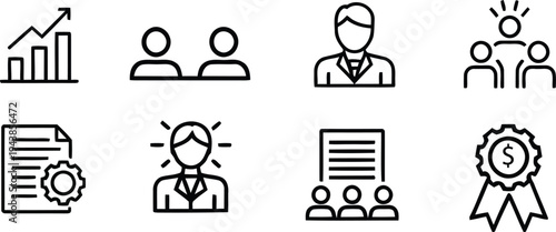 Business icons featuring people and documents in silhouette