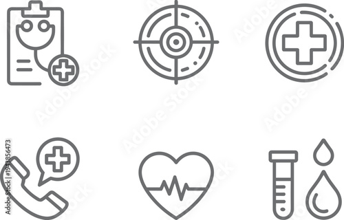 Healthcare and medical services icons set, doctor clipboard, emergency call, heart rate and laboratory blood test