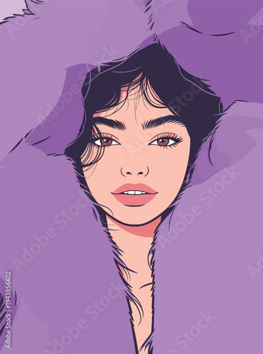 A woman with dark hair is shown wearing a purple coat. She gazes directly at the viewer with a neutral expression.