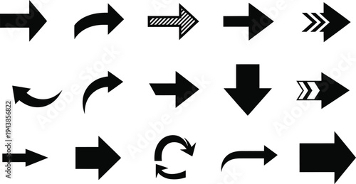 Collection of various black arrows and silhouette symbols on white background