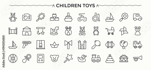 Children Toys line icon set. Modern vector UI icons. Game icon set. Contains related to children, childhood, baby, toy, ball, play and more.