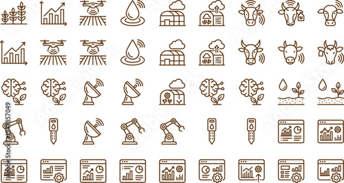 Precision agriculture technology line icon set with drones greenhouse monitoring irrigation sensors livestock tracking and smart farming