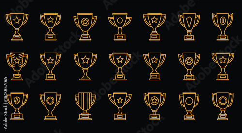 Silhouette of multiple golden trophies on a black background