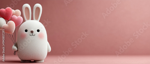 cute 3d character illustration of a fluffy white rabbit holding heart-shaped balloons on a pink background with copy space for valentine's day, love, and greeting card concepts.