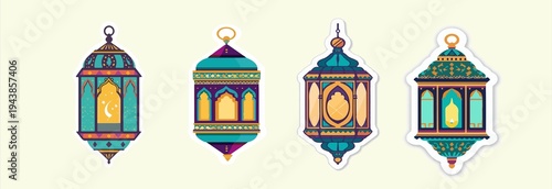 set  template of a Ramadan lantern sticker with a vibrant flat design, featuring a combination of geometric shapes and bold lines, set against a clean white background
