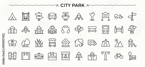 City Park simple icon set. Contains outline symbols like town, recreation, outdoor, urban, house and more. Recreation icon. Line symbol and sign. Editable stroke. Pixel Perfect.