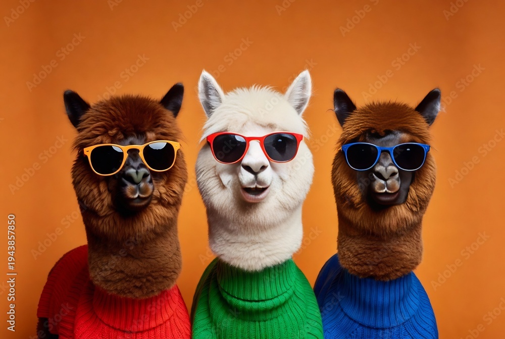 Fototapeta premium Three llamas wearing sunglasses and colorful sweaters. They are posing for a photo. A warm orange background is used.