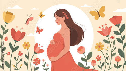 Pregnant woman in orange dress surrounded by colorful flowers and butterflies in a serene garden landscape with a bright sun