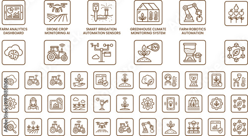 Smart agriculture technology icon set with farm analytics drones irrigation sensors greenhouse monitoring and robotics automation