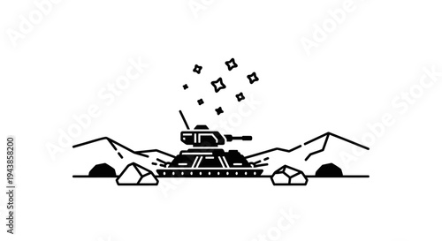 Minimalist Line Art Tank Illustration: Battle Scene with Explosions and Rocks
