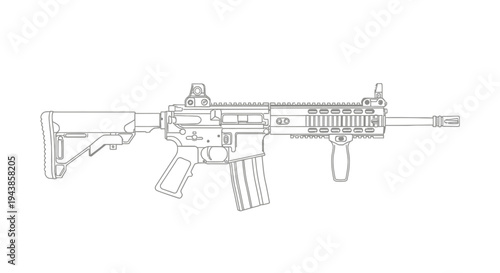 Modern Assault Rifle Line Art Illustration - Military Weapon Design