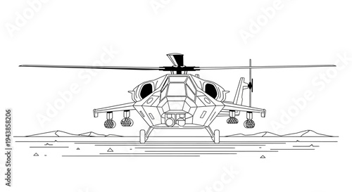 Modern Attack Helicopter Line Art - Front View, Desert Landing Gear