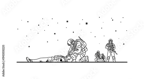 Military Medic Tending to Wounded Soldier Under Starry Sky, Team Support