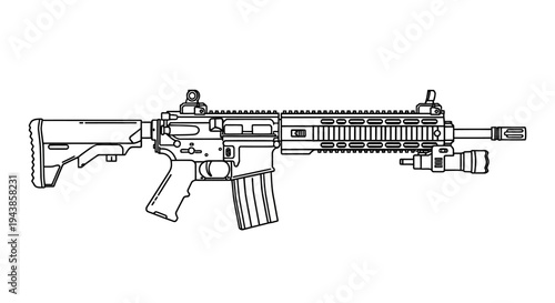 Modern Assault Rifle with Tactical Accessories - Line Art Illustration