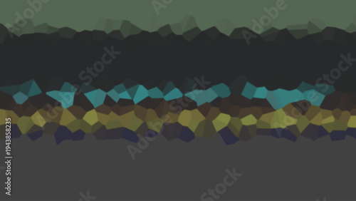 A colorful abstract illustration of a layered landscape with geometric shapes in various shades of green, blue, brown, and yellow