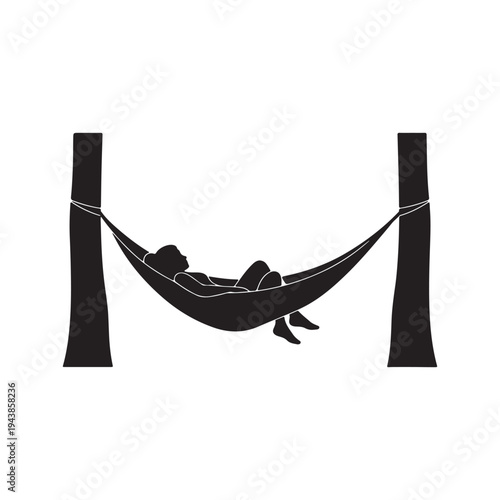 Minimalist black silhouette illustration of a person peacefully relaxing in a comfortable hammock, suspended between two sturdy trees, symbolizing leisure, vacation, and serene outdoor relaxation