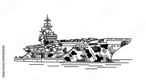 Modern Aircraft Carrier with Camouflage Pattern, Military Ship Illustration