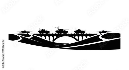 Military Tanks Crossing a Bridge, Silhouette of Armored Vehicles on a Highway Overpass