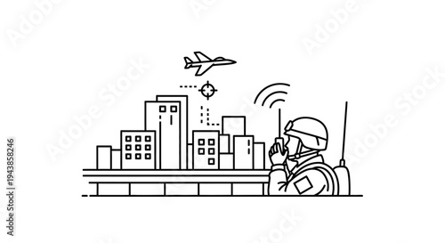 Military Soldier Communicating with Drone and Aircraft Over City Skyline
