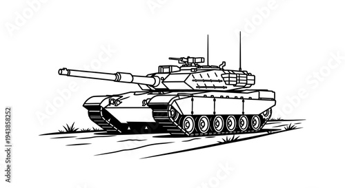 Modern Battle Tank Illustration - Military Vehicle Line Art