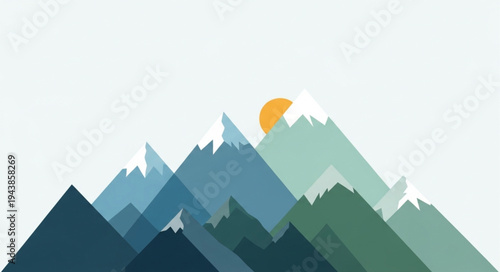 Stylized Mountain Range Illustration with Sun and Clouds.