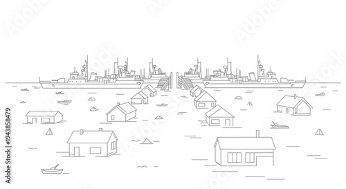 Naval Fleet Docked with Coastal Village, Outline Illustration