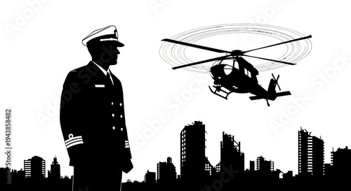 Naval Officer Watches Helicopter Over City Skyline Silhouette