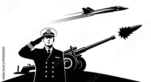 Naval Officer Salutes Military Jet and Artillery Cannon Firing Missile