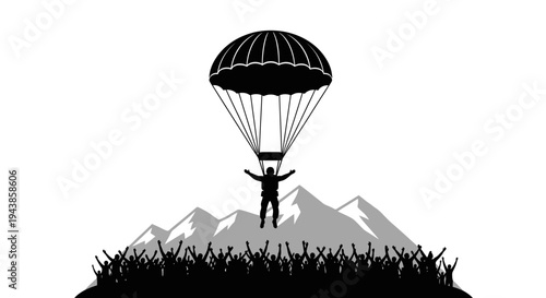 Parachutist Landing Over Excited Crowd and Mountains - Extreme Sports Adventure