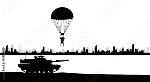 Paratrooper descending over tank and city skyline silhouette, war and urban conflict concept