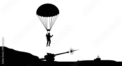 Paratrooper Descends Near Artillery Gun and Ship Silhouette