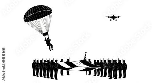 Paratrooper Descends with Flag, Drone Overhead, Soldiers Hold Banner