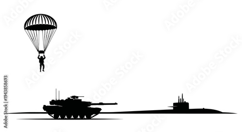 Paratrooper Descends Near Tank and Submarine Silhouette - Military Power Concept