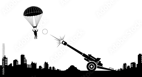 Paratrooper Jumps from Cannon Firing Over City Skyline Silhouette