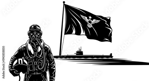 Pilot and Submarine Silhouette with Flag - Military Power and Naval Aviation