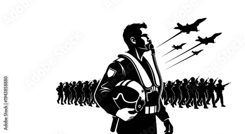 Pilot in Uniform with Fighter Jets Flying Overhead and Soldiers Marching