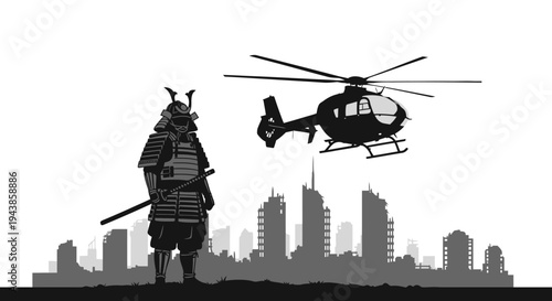 Samurai Warrior and Helicopter in Futuristic Cityscape