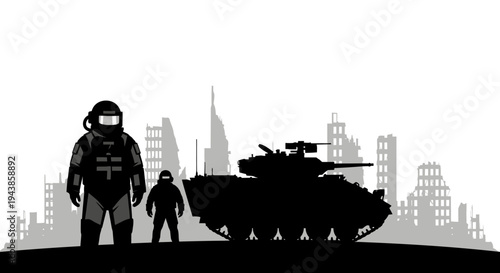 Post-apocalyptic soldiers and tank in ruined city silhouette