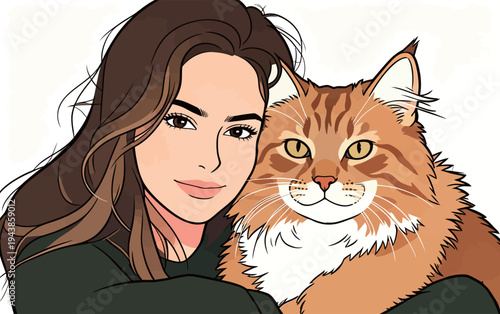 A woman smiles while holding a cat close, showing their shared joy and companionship in a colorful design.