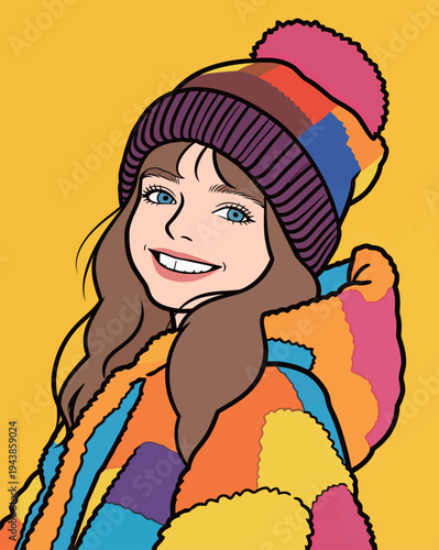 A young girl wears a bright, colorful jacket and hat, smiling happily on a sunny day with a yellow backdrop.