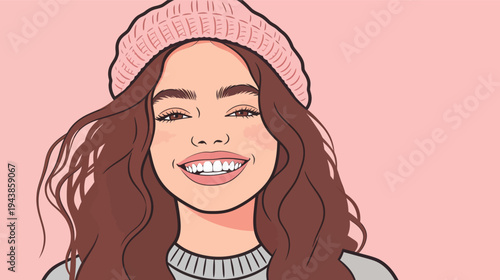 A young woman smiles with her hair down while wearing a pink beanie. The background is light and simple.