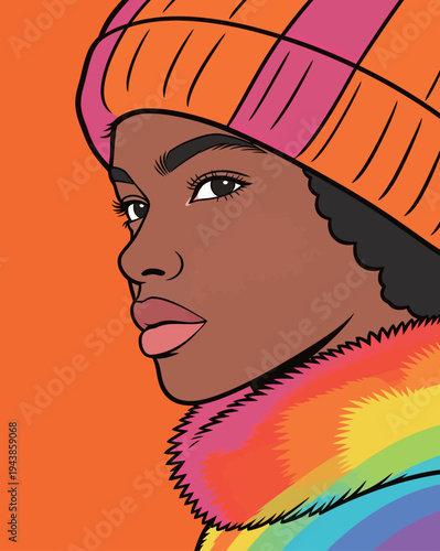 A person stands facing sideways wearing a colorful beanie and a vibrant fur collar. The background is bright orange.