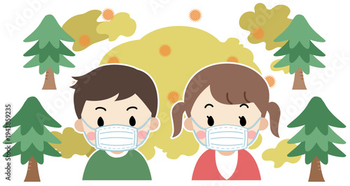 	花粉症の季節にマスクをして予防する子供のイラスト