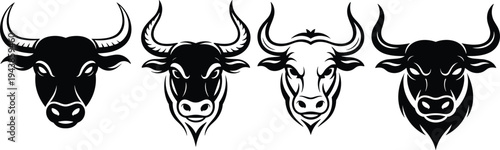 Set of Majestic Bull and Ox Head Silhouettes: Powerful Livestock, Farm Animal, Strong Symbol, Agriculture, Ruminant, Horned Creature, Mascot, Emblem, Icon, Vector, Illustration, Black, White