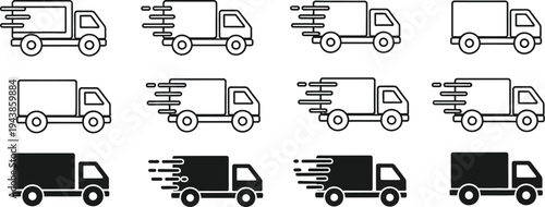 Delivery trucks in various styles, motion for fast delivery services. Speed, express service, logistics, transportation services, and online shopping 