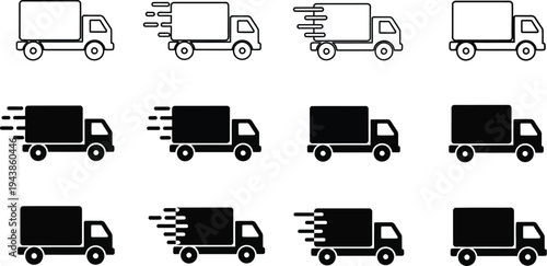 Delivery trucks in various styles, motion for fast delivery services. Speed, express service, logistics, transportation services, and online shopping 